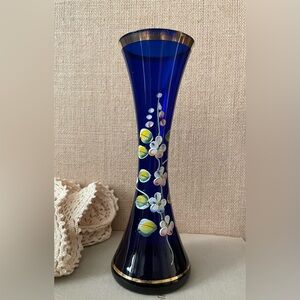 Vintage Bohemian Czech Cobalt Hand Painted Enamel Flowers Bud Vase